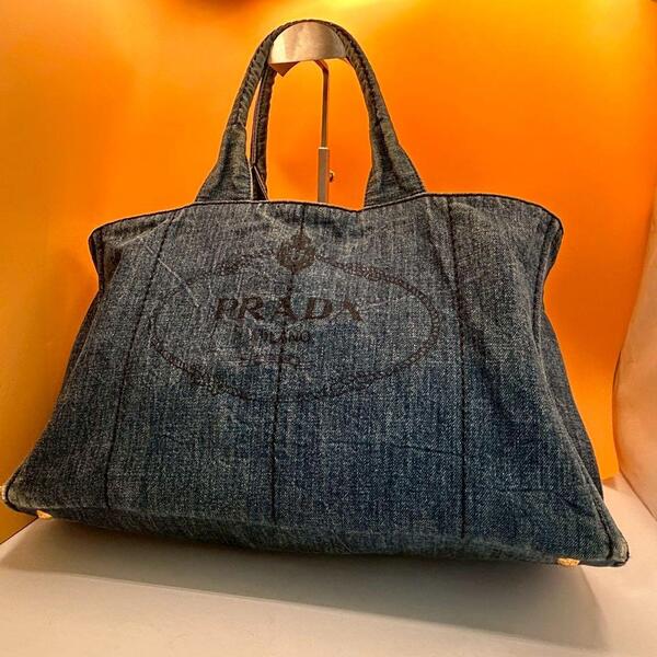 PRADA プラダ デニム トートバッグ カナパ Lサイズ ロゴトート インディゴブルー ハンドバッグ レディース ブランドバッグ 大容量