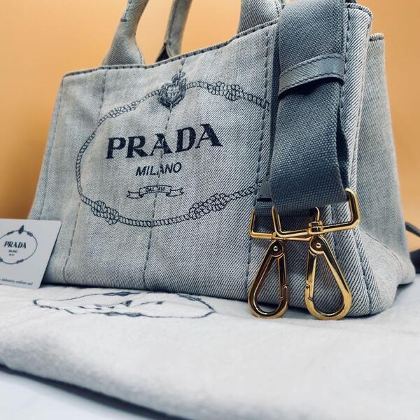 【美品 付属品有】PRADA プラダ トートバッグ デニム キャンバス ロゴ刺繍 1BG439 レディース 斜めがけ 2WAY ハンドバッグ ショルダー