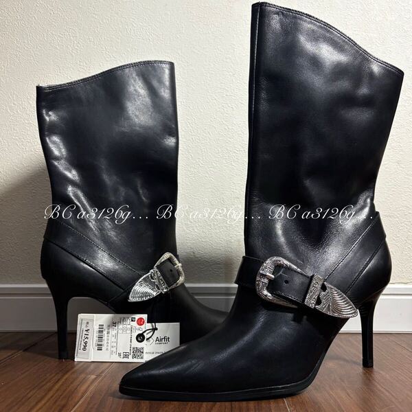 新品 ZARA レザーブーツ 24.0cm 37 レディース ザラ なめし革 ミドルブーツ ハイヒール カウボーイスタイル バックル付き 先尖り