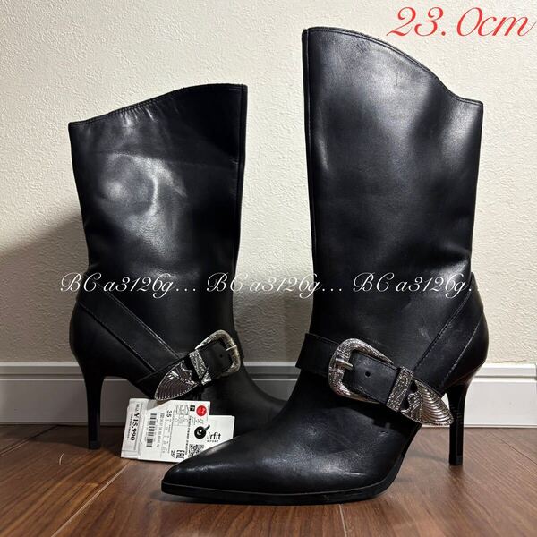 新品 ZARA レザーブーツ 23.0cm 35 レディース ザラ なめし革 ミドルブーツ ハイヒール カウボーイスタイル バックル付き 先尖り