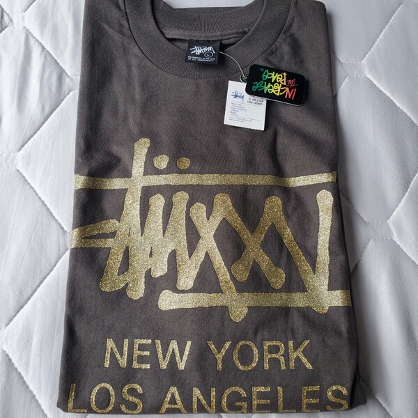STUSSY ステューシー 2000s 25周年記念 ラメプリント ワールドツアーロゴ クルーネック Tシャツ L 新品未使用タグ付き