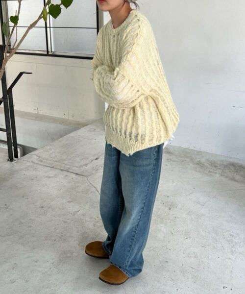 即完売品 shesame シーセム ダメージシアーニット ladies レディース トップス 長袖 ゆるメッシュ プルオーバー ナチュラル L