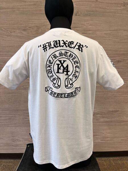 LEXE/R ラグジュ スポーツ Tシャツ 半袖 メンズ 白 Lサイズ 男女兼用 ホースシュー 刺繍 スムース ストレッチ素材 クルーネック Tシャツ