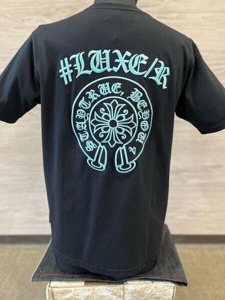 LEXE/R ラグジュ スポーツ Tシャツ 半袖 メンズ 黒×サックス Lサイズ 男女兼用 ホースシュー 刺繍 天竺素材 クルーネック