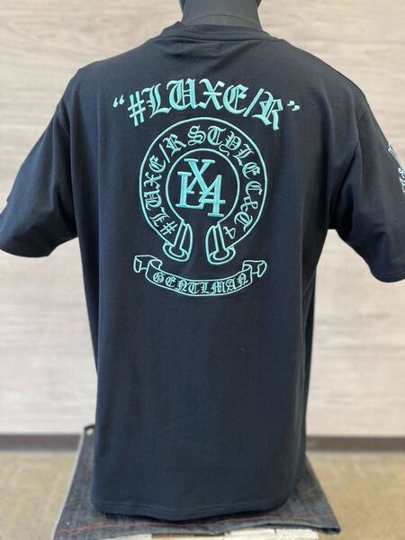 LEXE/R ラグジュ スポーツ Tシャツ 半袖 メンズ 黒 XLサイズ 男女兼用 ホースシュー 刺繍 スムース ストレッチ素材 クルーネック
