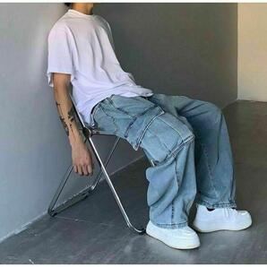 イージー ワイド ジーンズ ワイドデニム カーゴパンツ ルーズデニム M ライトブルー ウォッシュド