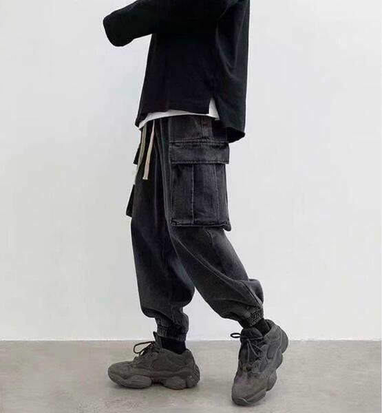 ワイド デニム ジーンズ カーゴパンツ ジョガーパンツ M ブラック ワンウォッシュ 新品