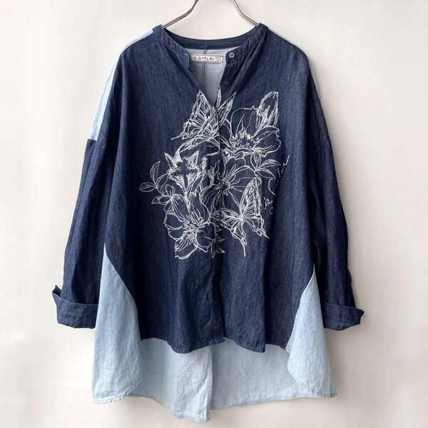 訳ありお得 イズスカラー 花 蝶刺繍 デニム 綿100% 切替 ロングシャツ バンドカラー レディース サイズM 手洗い可