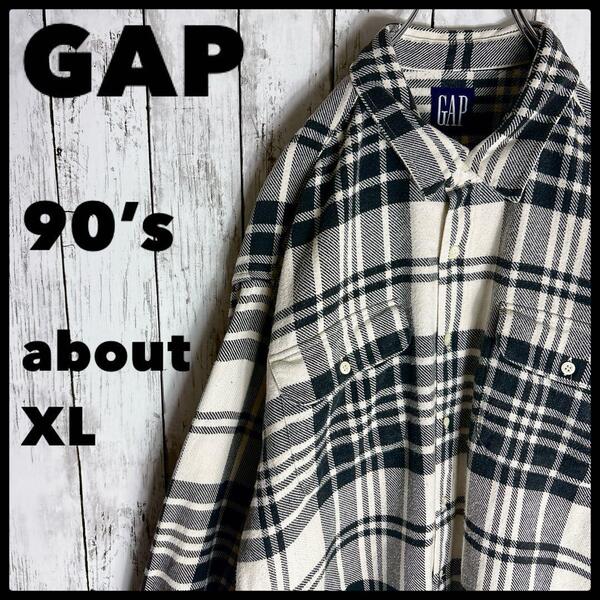 90s オールドギャップ GAP ネルシャツ 白黒 XL相当 ヴィンテージ古着