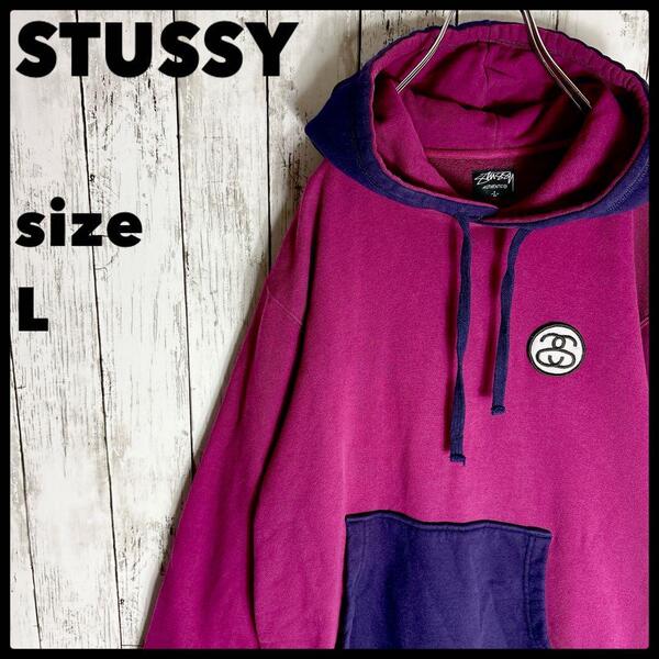 【STUSSY】ステューシープルオーバーパーカー L パープル 刺繍ロゴワッペン