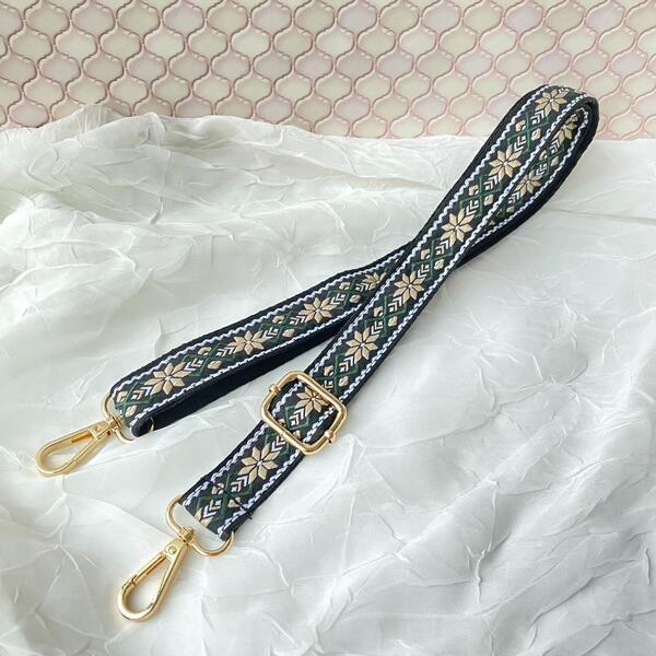 ショルダーストラップ 単品 花柄刺繍(ベージュ×黒)細め ショルダーベルト バッグ用 付け替え 幾何学模様 チロリアン ブラック 緑