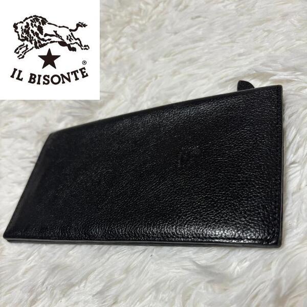 IL BISONTE イルビゾンテ 二つ折り長財布 黒 シボ革 レザー スリム ジップコインファスナー 札入れ コインケース カード入れ