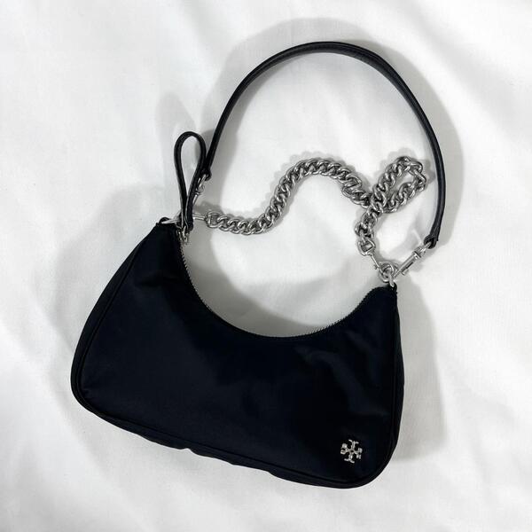 <極美品!!>■TORY BURCH トリーバーチ チェーン ミニショルダーバッグ ナイロン 普段使い お出かけ お洒落 ブラック 黒 管:K-2505023