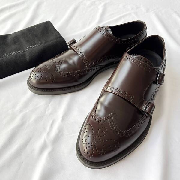 <未使用!!>■GIORGIO ARMANI ジョルジオアルマーニ ダブルモンクシューズ ドレス メダリオン 革靴 ブラウン 6 1/2 管: 2505092