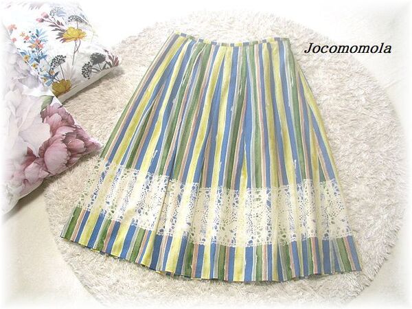 送料無料*ホコモモラ/Jocomomola*ストライプ&レースプリントスカート/タックフレアデザイン/コットン素材/サイドファスナー/40