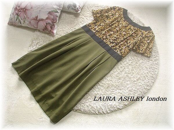 送料無料*ローラアシュレイロンドン/LAURA ASHLEY london*切り替えデザイン半袖ワンピース/コットンシルク素材/バックファスナー/2