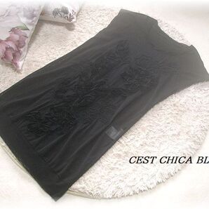 送料無料*セシカブルー/CEST CHICA BLEU*立体フラワー&コード刺繍シアートップス/チュニック丈/パワーネット素材/ウォッシャブル/40
