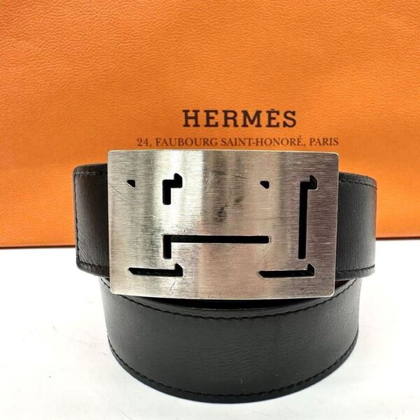 希少 人気 HERMES エルメス ラッキーメタル 85 Hベルト Hロゴ コンスタンス ブラック シルバー P刻印 レザー 革 メンズ