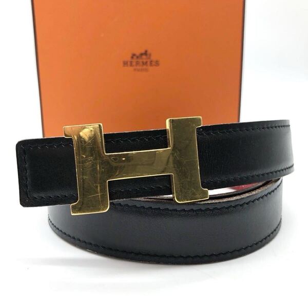 美品 HERMES エルメス ベルト コンスタンス Hバックル Hロゴ ゴールド ブラック レッド リバーシブル レザー □E刻印 保存箱