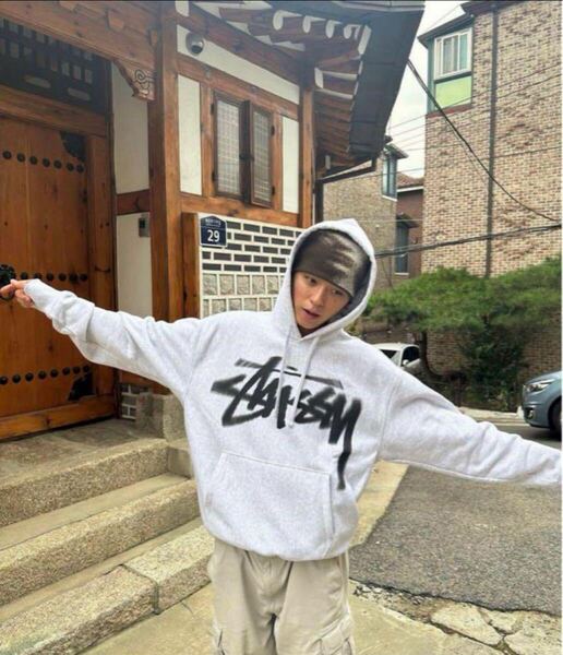 Stussy グレー フード付きパーカー フーディ ジャケット スチューシー スウェット トレーナー プルオーバー サイズ L