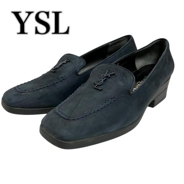 イブサンローラン 23cm YSL ネイビー スエード ローファー レディース