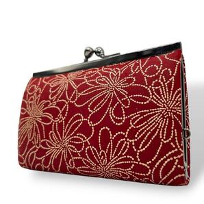 極美品 印傳屋 コインケース 赤 花柄 がま口 漆細工 レザー 0256 m1