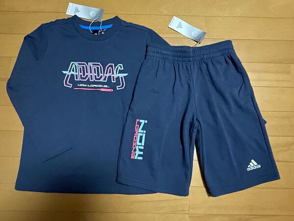 新品未使用 adidas アディダス 130 長袖Tシャツ・スウェットハーフパンツ 紺/シャドーネイビー 上下 セットアップ 即決