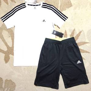 送料込み!! 150 新品未使用 adidasアディダス 快適!!3ストライプ半袖Tシャツ(ホワイト 白)・軽量快適!!ハーフパンツ(グレー) 上下 即決