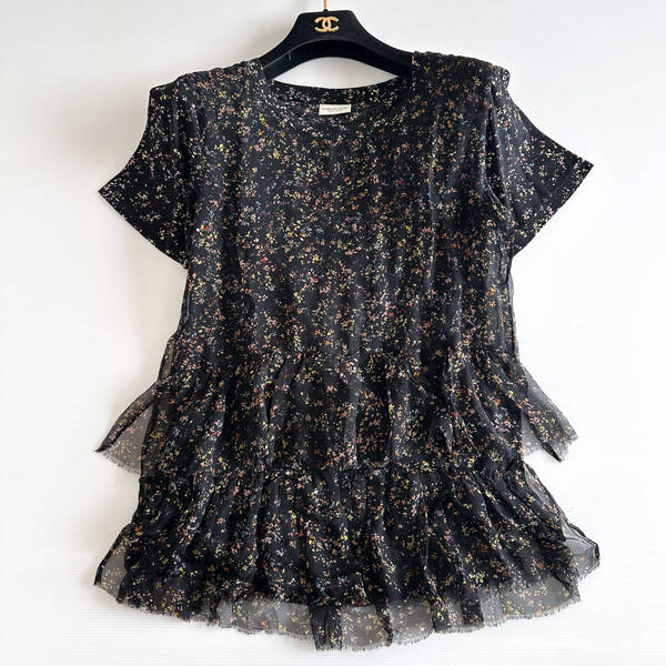 【美品】DRIES VAN NOTEN ドリスヴァンノッテン / シルク 総柄カットソー 黒 ブラック XS 花柄 フラワー