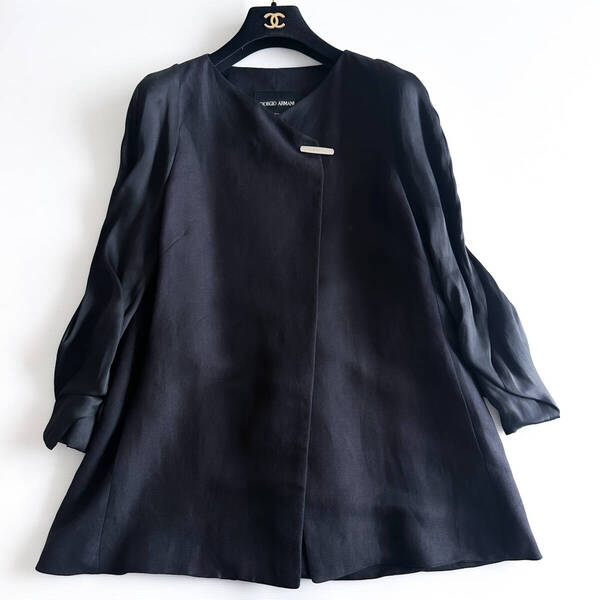 Giorgio Armani ジョルジオ アルマーニ / リネン シルク ジャケット 黒 ブラック 麻 ノーカラー イタリア製