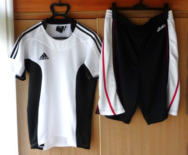 adidas asics アディダス アシックス ジャージ セットアップ Lサイズ Oサイズ 白 黒 赤 半袖 Tシャツ ハーフパンツ ゲームショーツ