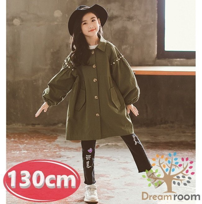 バルーン スプリングコート カーキ アウター ジャケット 子供服 女の子 韓国子供服 モッズコート 秋 春物