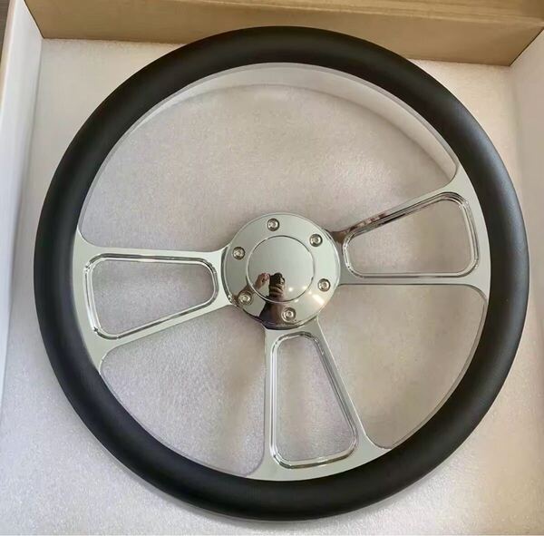 ステアリングホイール 14インチ クローム マッスルステアリングホイール ブラックレザー カスタム 約35φ USDM JDM ビレット風