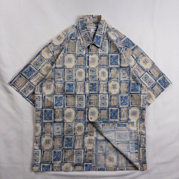 Euro Vintage 00s pierre cardin コットン 好配色 淡色 水彩 アート 幾何学模様 エスニック 民族 象形 プリミティブ ブロック 総柄シャツ
