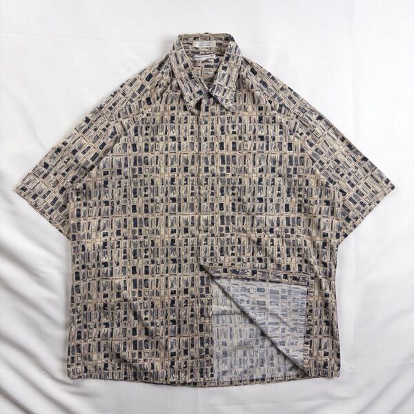 Euro Vintage 00s pierre cardin コットン100% くすみカラー 水彩 アート 幾何学模様 エスニック ブロック 格子 総柄 デザインシャツ