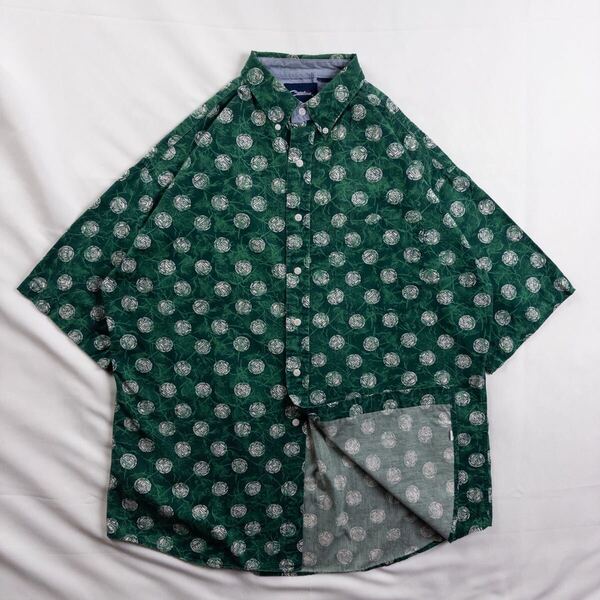 US Vintage 90s Catalina コットン ボタンダウン エスニック 民族 アジアン アート 個性的 グリーン 緑 総柄 デザインシャツ