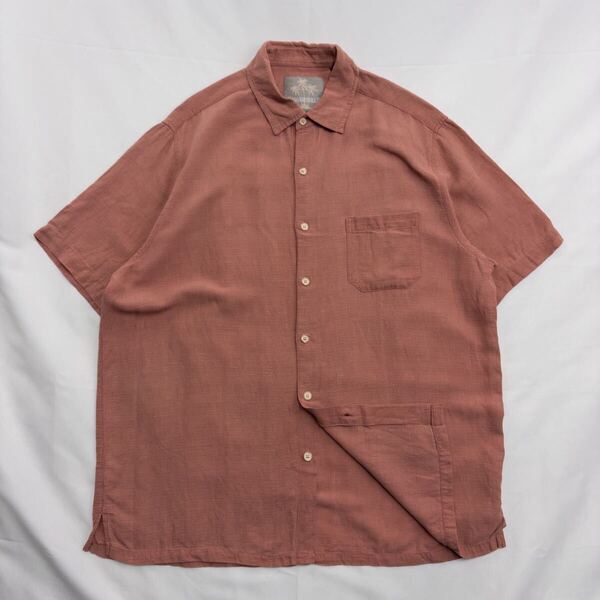 US Vintage 00s MARGARITA VILLE シルク75% リネン25% 異素材 立体 3D くすみカラー サーモンピンク アロハ 総柄 デザインシャツ