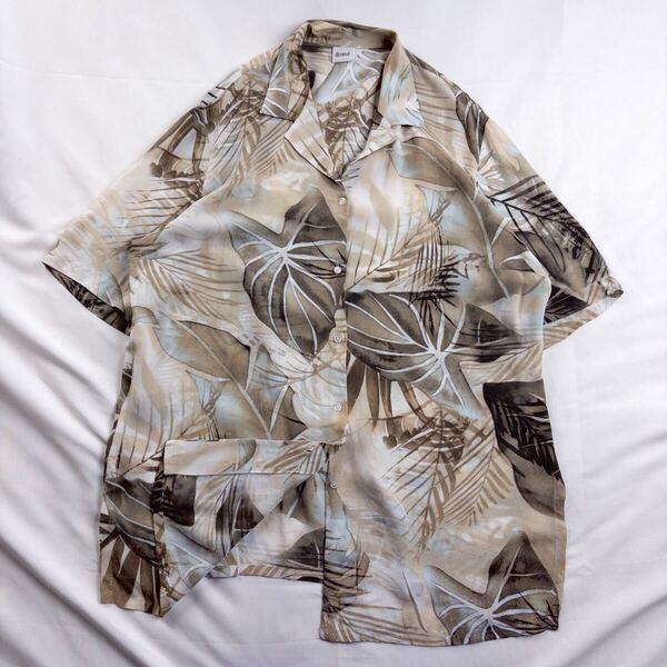 Euro Vintage 90s dELMOd ビスコース 開襟 オープンカラー シアー ボタニカル リーフ スリット ハワイアン アロハ 総柄シャツ ブラウス