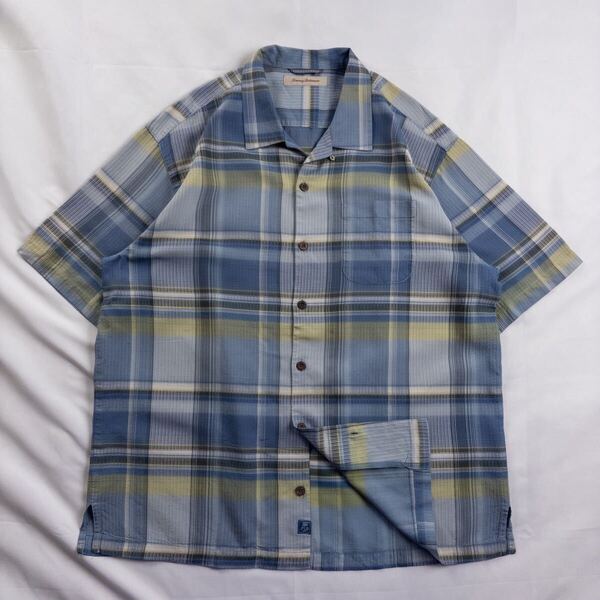 US Vintage 90-00s Tommy Bahama シルク 異素材 開襟 オープンカラー 好配色 オンブレチェック 格子柄 ハワイアン アロハ 総柄シャツ