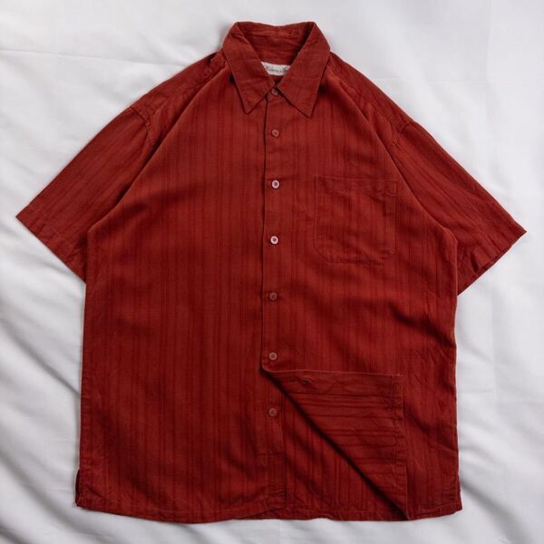 US Vintage 90s Milana Bay モダール78% ポリエステル22% 単色 プレーン 赤 レッド 立体3D 刺繍 ストライプ 総柄 デザインシャツ