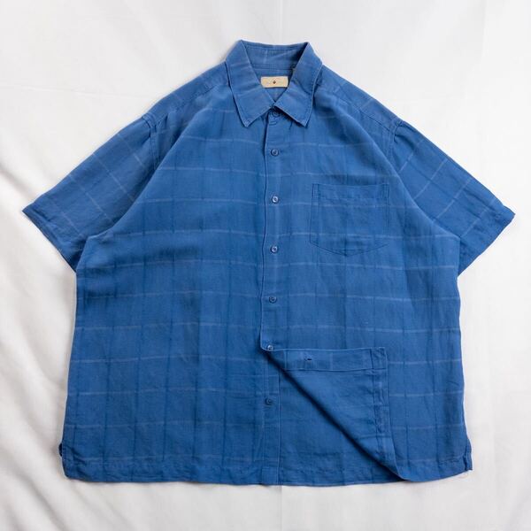 US Vintage 00s Royal Palm ラミー55% レーヨン45% 単色 プレーン ブルー 青 立体3D 刺繍 格子柄 チェック 総柄 デザインシャツ