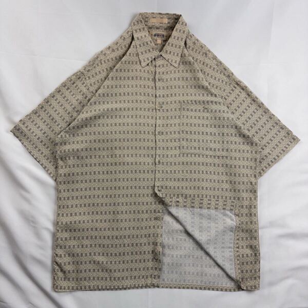 US Vintage 80s CAMPIA MODA レーヨン100% くすみカラー 幾何学模様 エスニック プリミティブ 民族 アート ブロック 総柄 デザインシャツ
