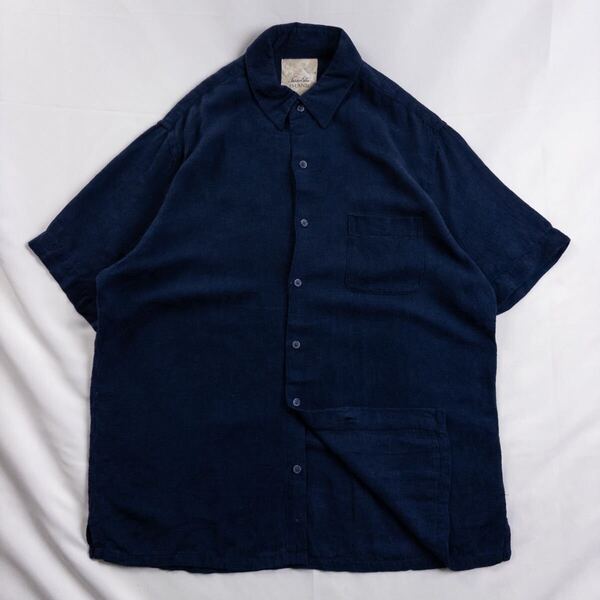 US Vintage 00s Jasso Ella Island シルク リネン 単色 プレーン ネイビー 紺 立体 ボタニカル エスニック ハワイアン アロハ 総柄シャツ