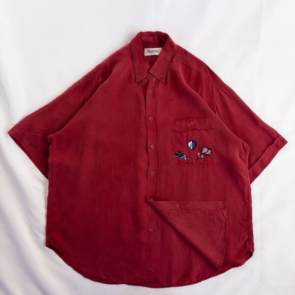 Euro Vintage イタリア製 80-90s BARONI キュプラ100% ボタンダウン 刺繍 とろみ ドレープ 単色 プレーン レッド 赤 デザインシャツ