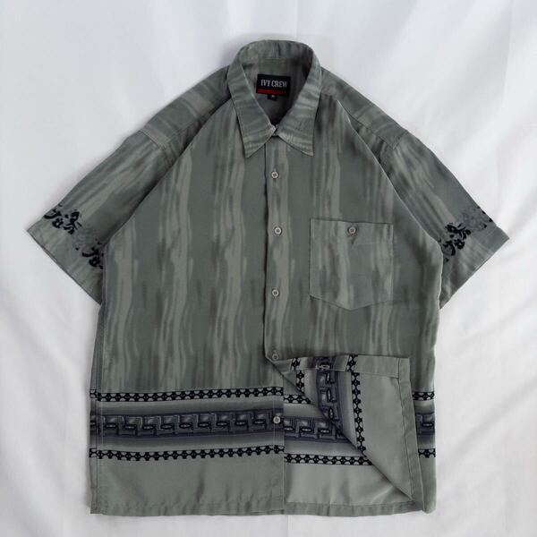 US Vintage 00s IVY CREW シルク くすみカラー タイダイ ムラ染め プリミティブ エスニック 民族 幾何学模様 アート 総柄 デザインシャツ