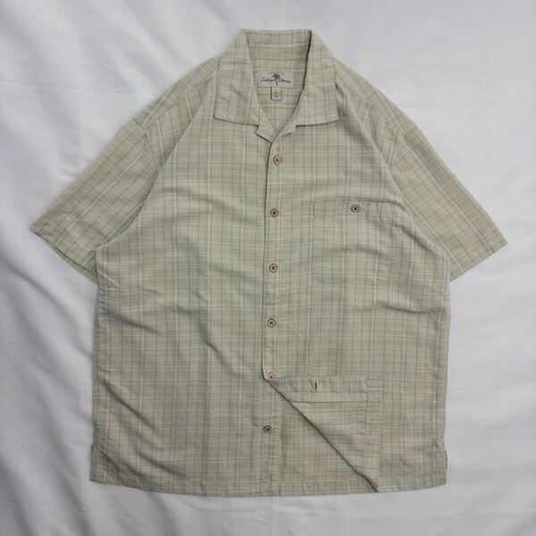 US Vintage 90-00s Island Shares レーヨン ポリエステル 開襟 オープンカラー くすみカラー 黄緑 刺繍 立体 格子柄 チェック 総柄シャツ