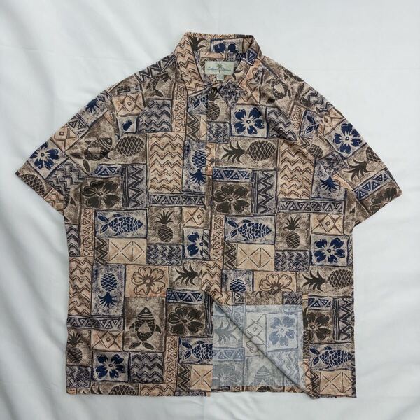 US Vintage 90-00s Island Shares くすみカラー プリミティブ エスニック 民族 ボタニカル アート ボックス ハワイアン アロハ 総柄シャツ