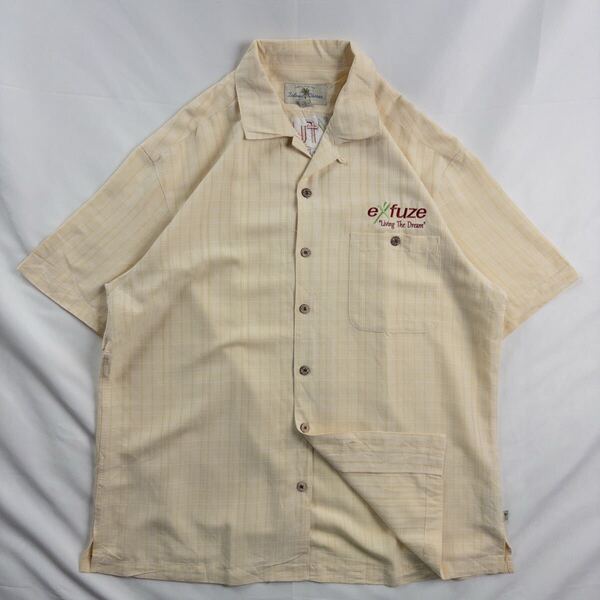 US Vintage 90-00s Island Shares くすみカラー 開襟 オープンカラー 光沢 企業ロゴ 刺繍 立体 格子柄 ハワイアン アロハ 総柄シャツ