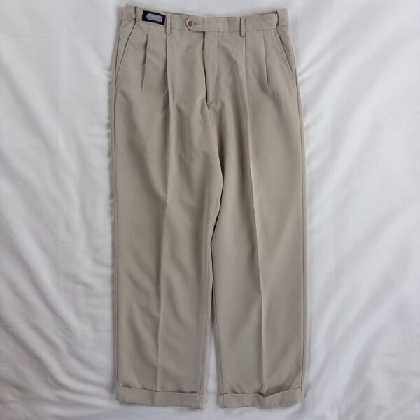 US Vintage 00s SAVANE ポリエステル ツイル ツータック とろみ ドレープ ベージュ カーキ ワイド ドレス デザインスラックス トラウザーズ