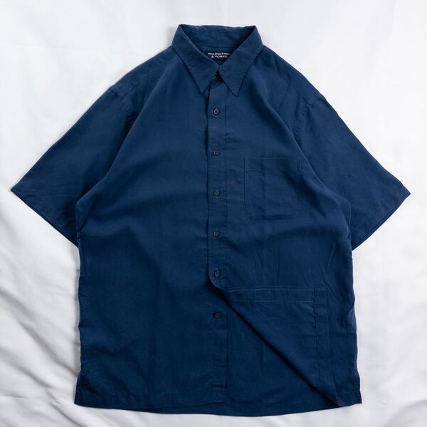 US Vintage 90s ROUNDTREE & YORKE モダール ポリエステル 異素材 起毛 とろみ ステッチ プレーン 単色 ネイビー 紺 ドレス デザインシャツ